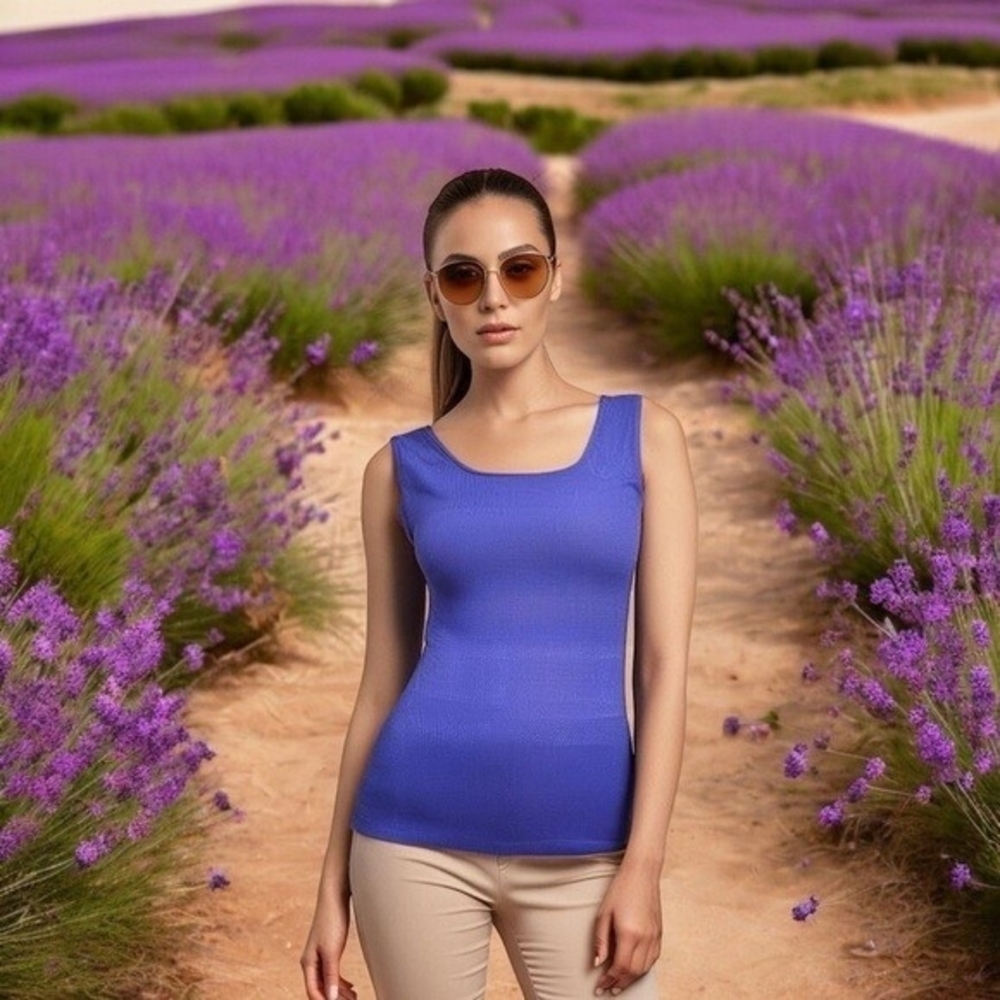 Finity Women's Lilac Blue Ribbed Tank Blouse M Petite Crew Neck Rayon Nylon VG